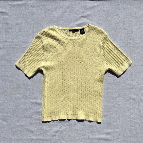 VTG Cotton Cable Knit Sweater Shirt Pullover Short Sleeve Yellow Large Stretchy - Picture 1 of 3